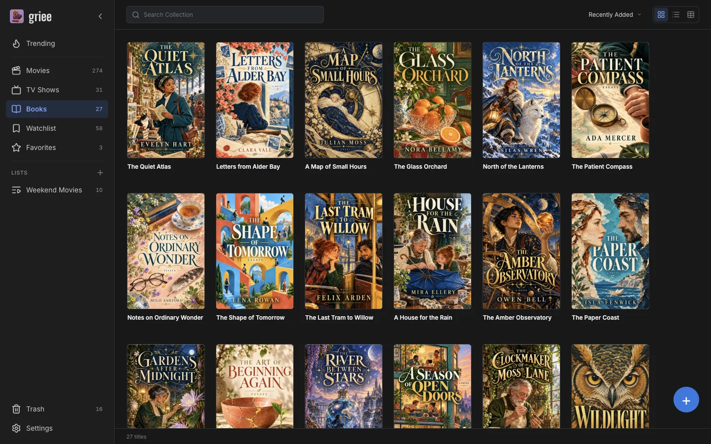 griee — A sample collection with fictional books and original cover artwork.